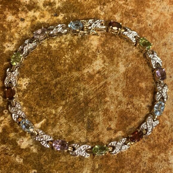 Gold Vermeil over Sterling Silver & Multi Color Gemstone Tennis Bracelet 7.25 In - Picture 1 of 8